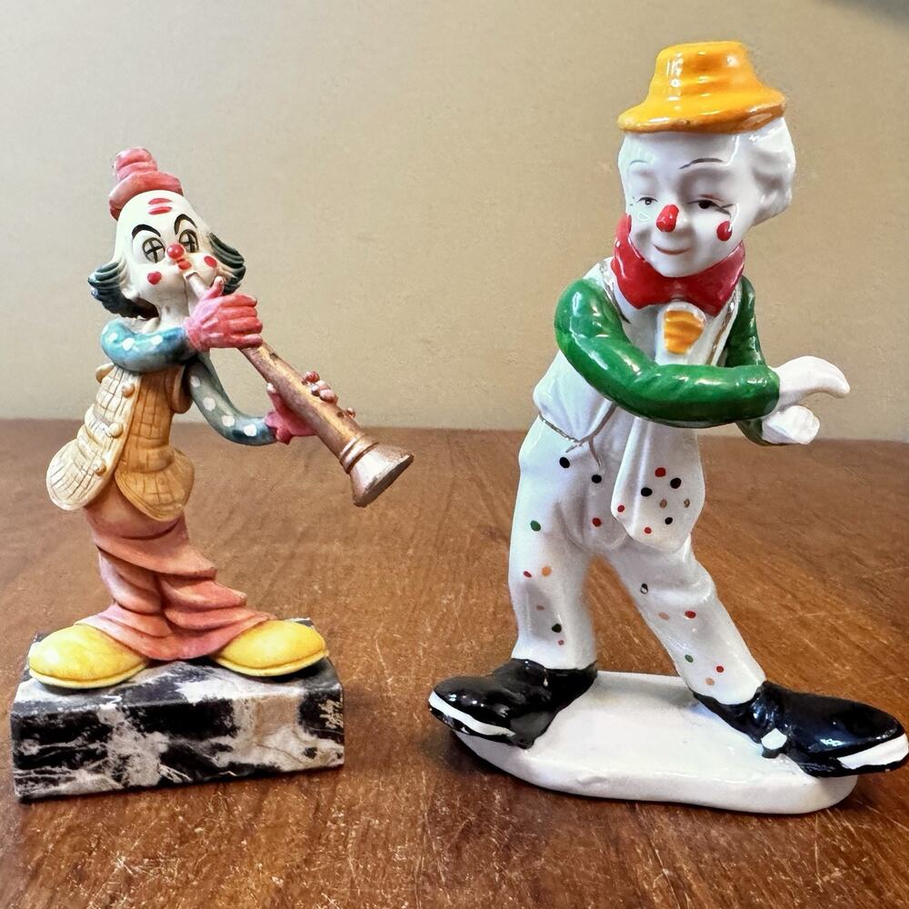 Vintage Clown Figurines Set Porcelain Resin Musician Hobo Rare Pair Circus Decor